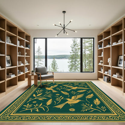 Emerald Gold Flying Bird Floral Border Rug