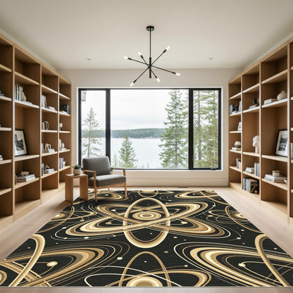 Golden Atomic Swirls Orbit Ring Rug