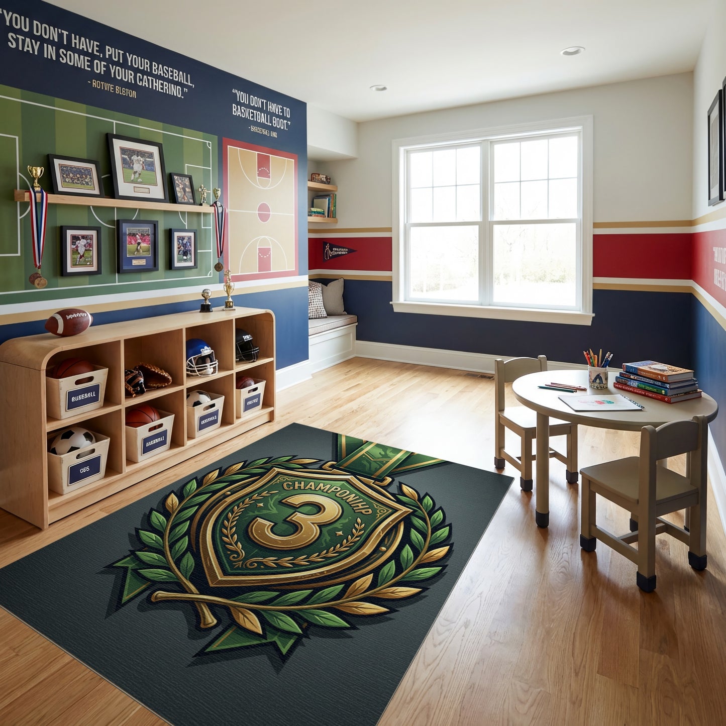 Ornate Green Gold Champion 3 Shield Rug