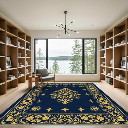 Dark Blue Gold Floral Medallion Border Rug