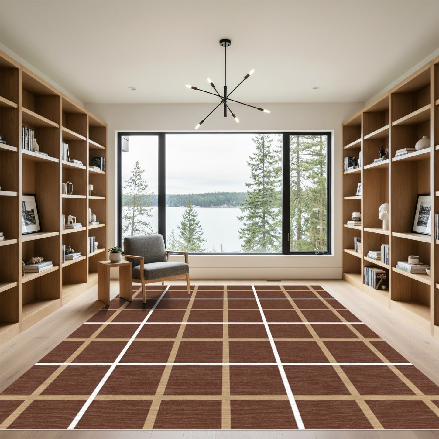 Brown Tan Geometric Grid Rug