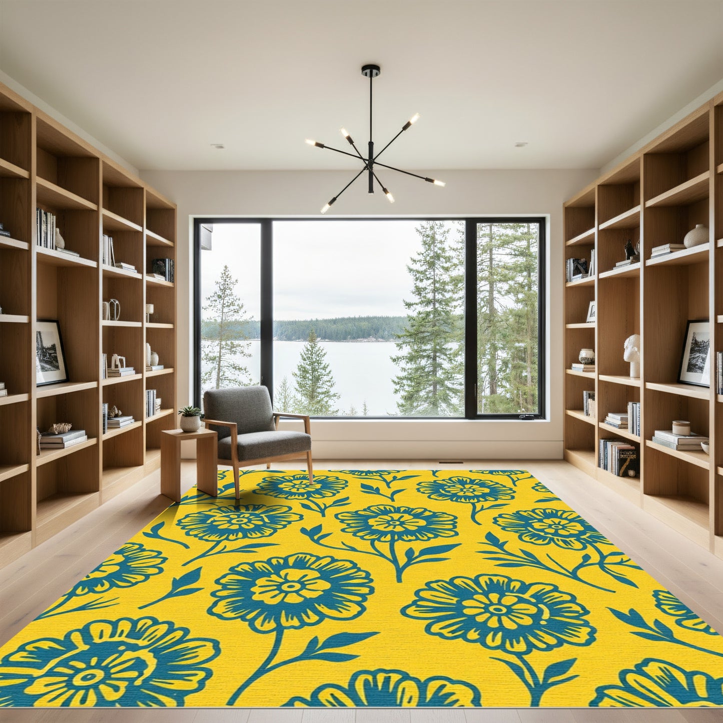 Bold Teal Floral Marigold Yellow Rug