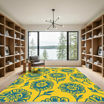 Bold Teal Floral Marigold Yellow Rug