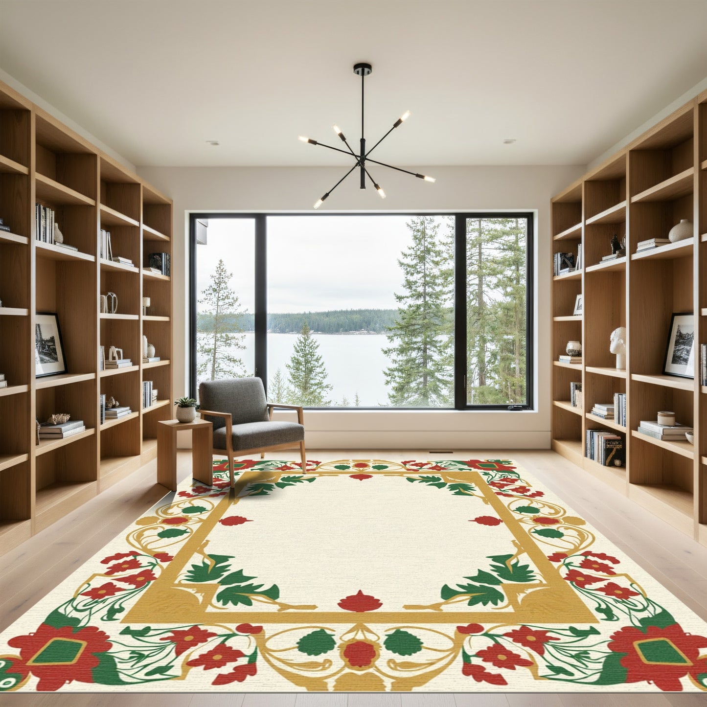 Crimson Floral Golden Border Rug