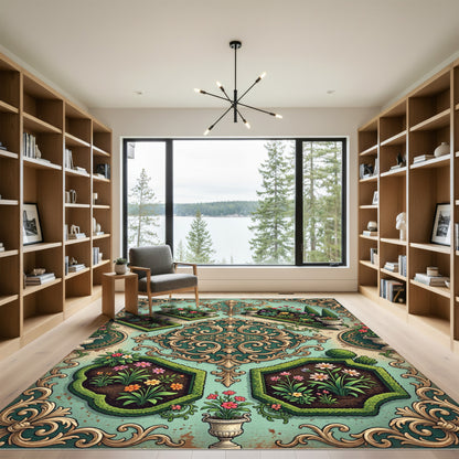 Elegant Sage Botanical Filigree Garden Rug
