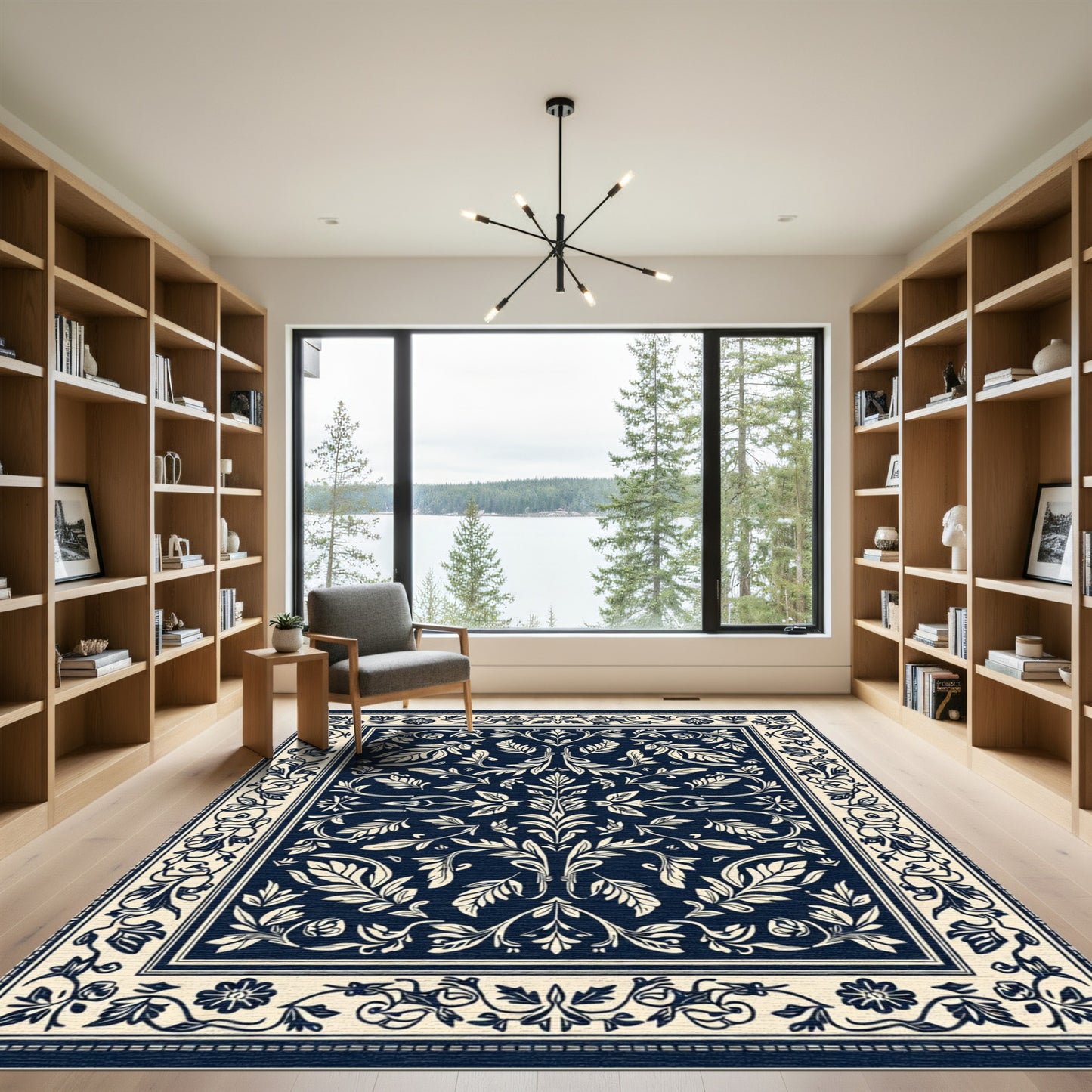 Navy Cream Damask Floral Scroll Rug