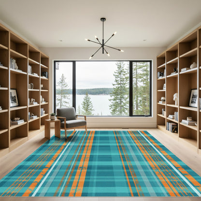 Coastal Turquoise Orange Plaid Texture Rug