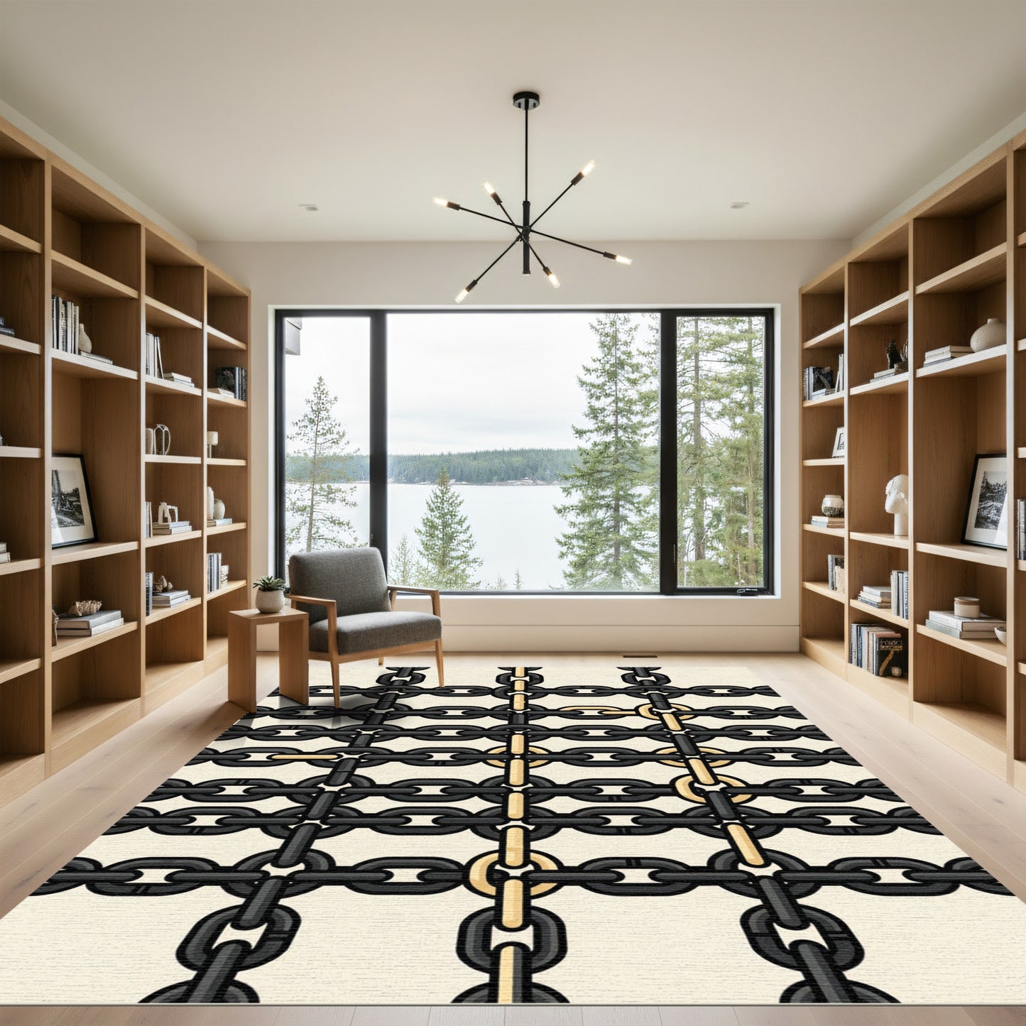 Modern Black and Gold Linked Chain Rug
