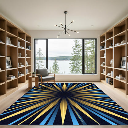 Golden Sunburst Geometric Ray Art Rug