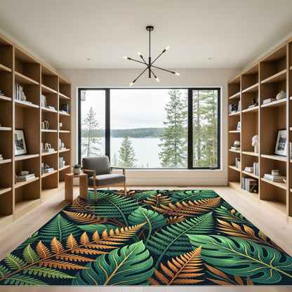 Lush Tropical Fern Golden Leaf Foliage Rug