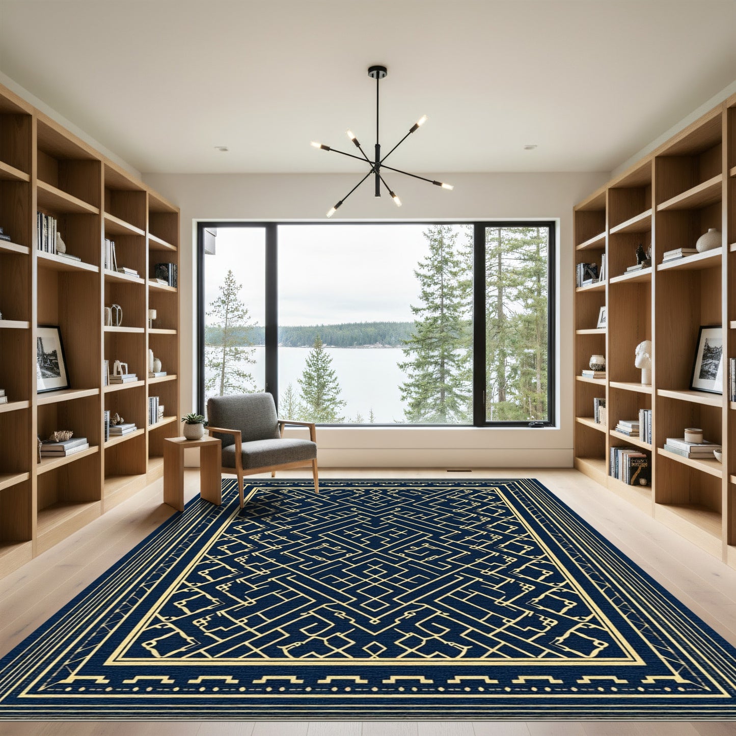 Deep Blue Golden Labyrinth Geometric Rug