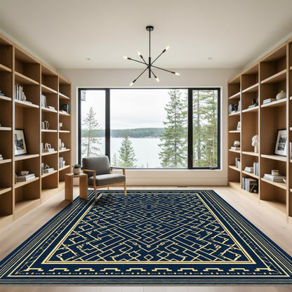Deep Blue Golden Labyrinth Geometric Rug