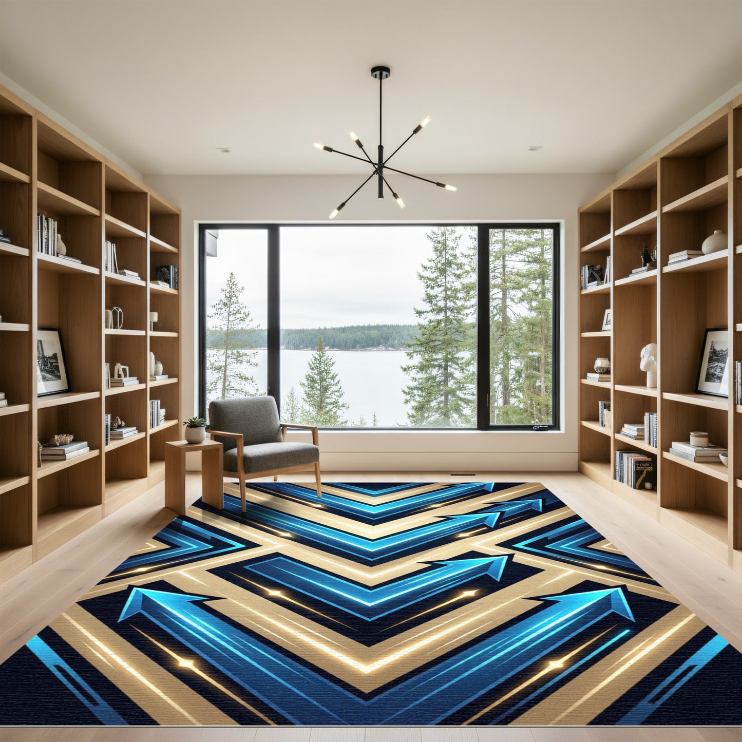 Luminous Blue Golden Arrow Geometric Art Rug
