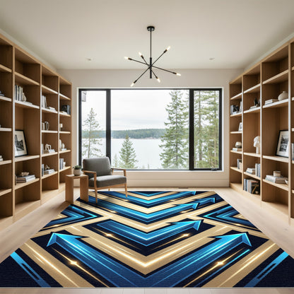 Luminous Blue Golden Arrow Geometric Art Rug