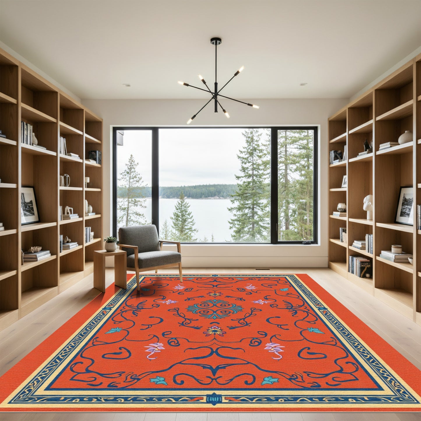 Orange Blue Floral Scroll Medallion Rug