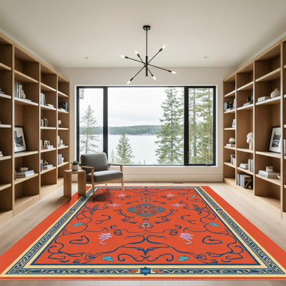 Orange Blue Floral Scroll Medallion Rug