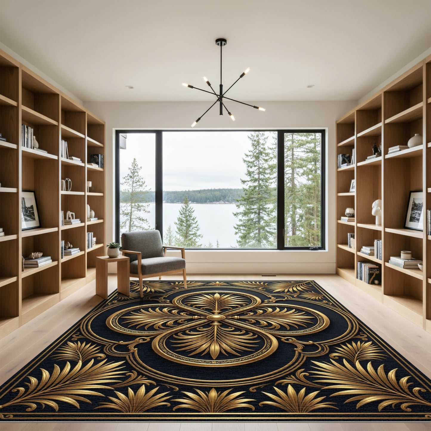 Gilded Black Ornate Palm Leaf Rug