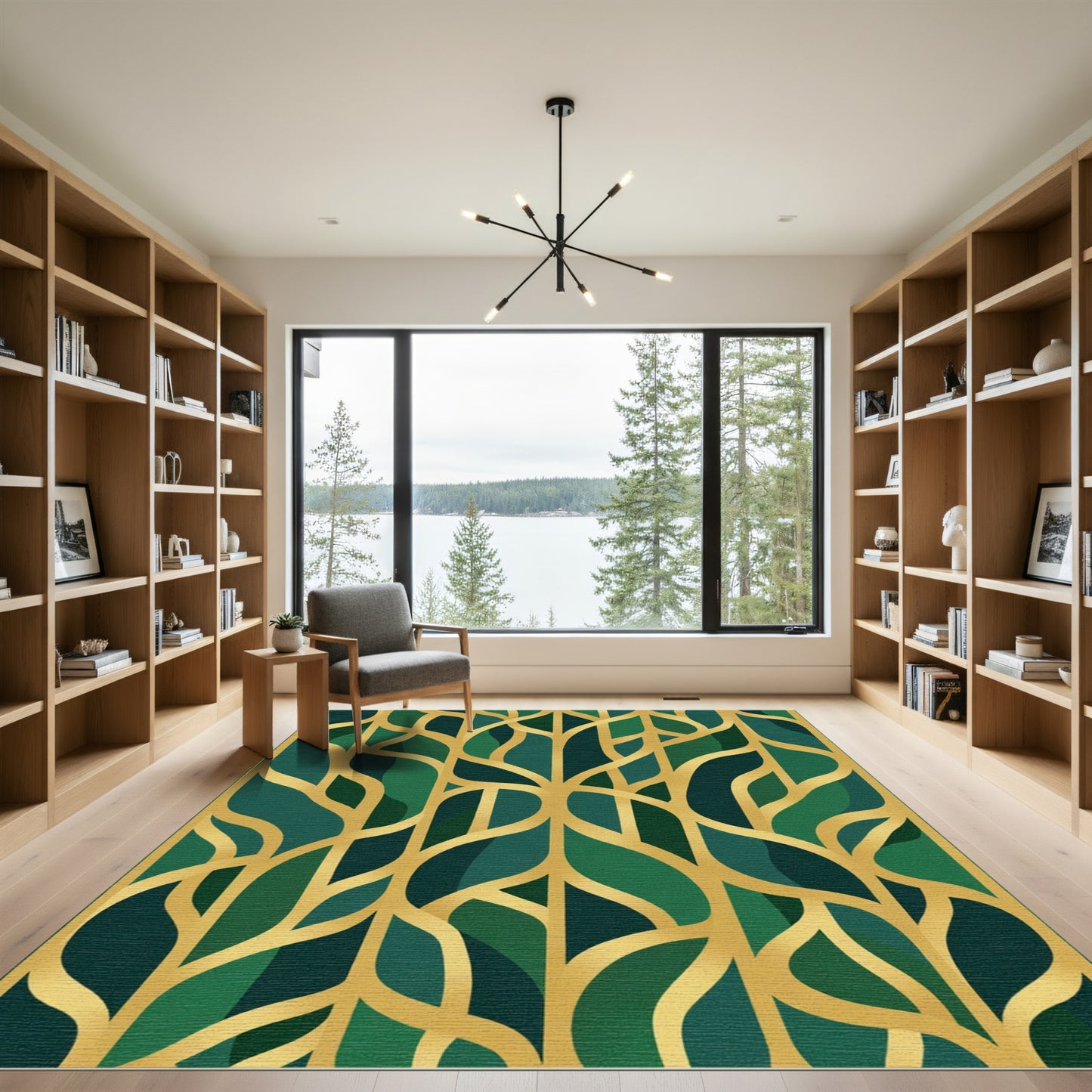 Emerald Green Gold Art Deco Leaves Rug
