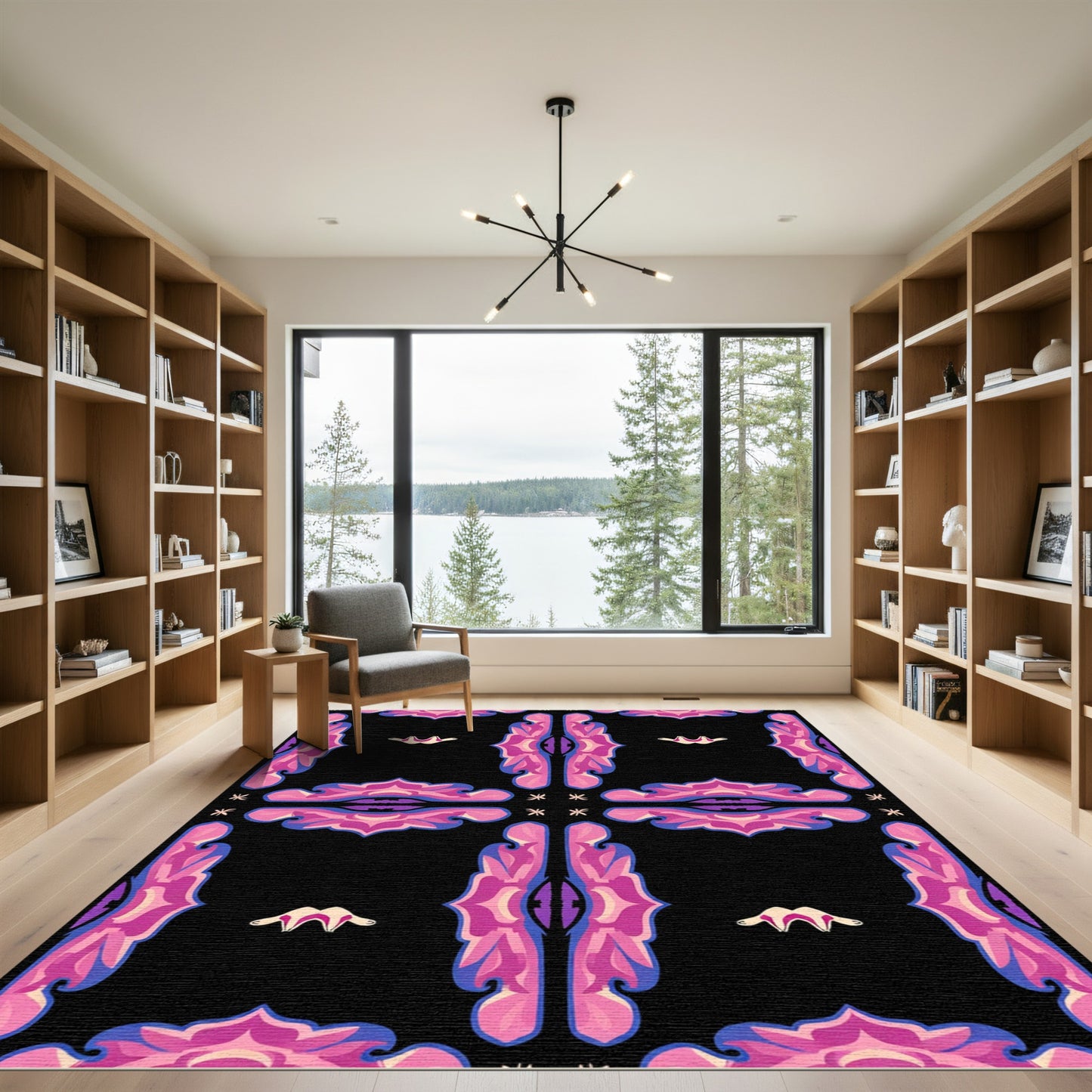 Vibrant Pink Black Floral Tile Rug
