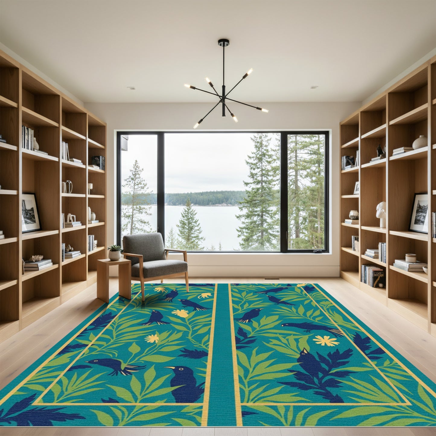 Teal Blue Black Bird Green Foliage Rug