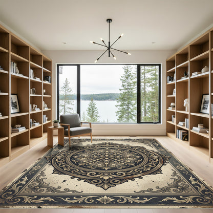 Ornate Gold Floral Medallion Charcoal Grey Rug