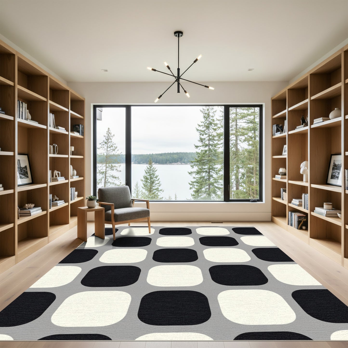 Modern Black White Rounded Squares Rug