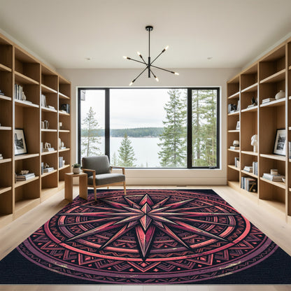 Dark Crimson Geometric Compass Star Rug