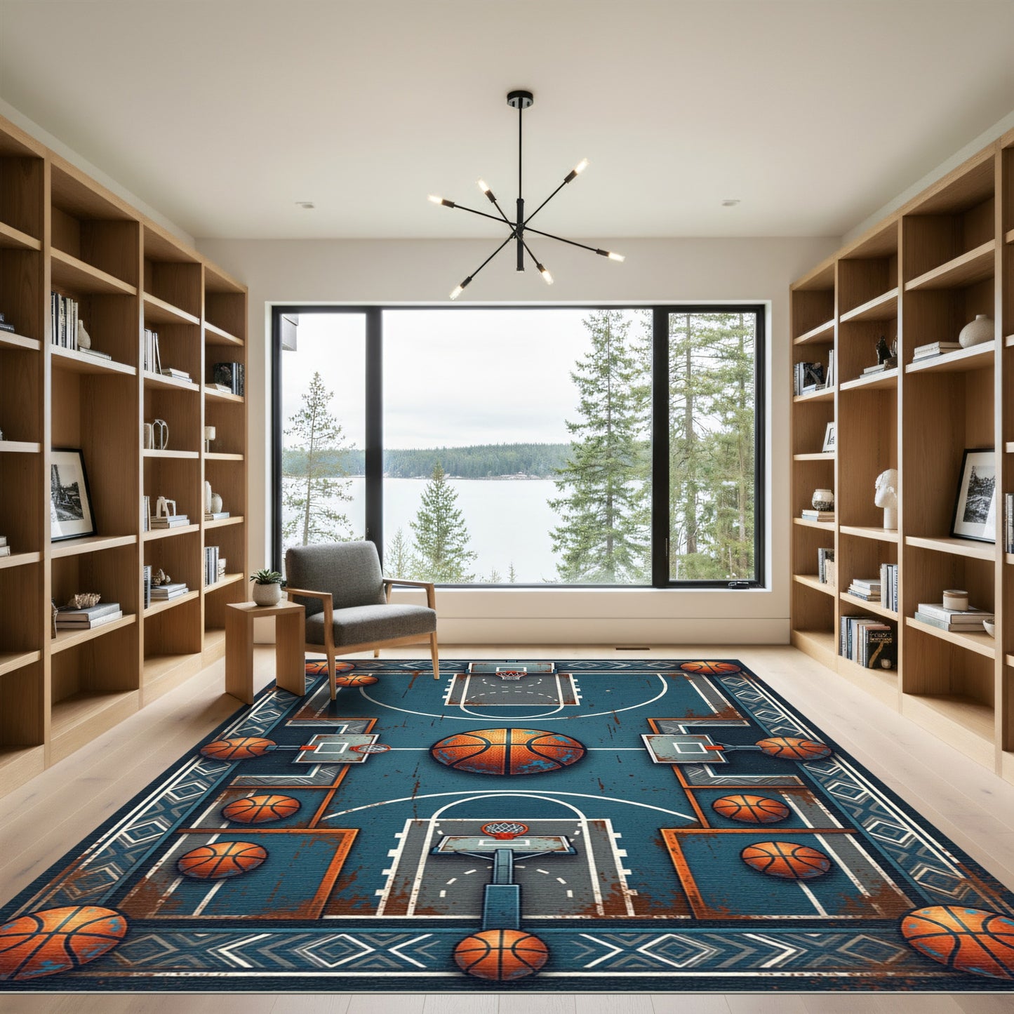 Rustic Teal Basketball Court Geometric Art Rug