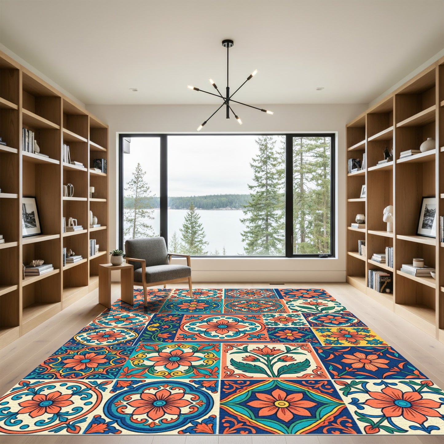 Vibrant Coral Teal Floral Tile Collage Rug