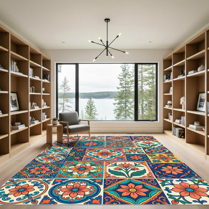 Vibrant Coral Teal Floral Tile Collage Rug