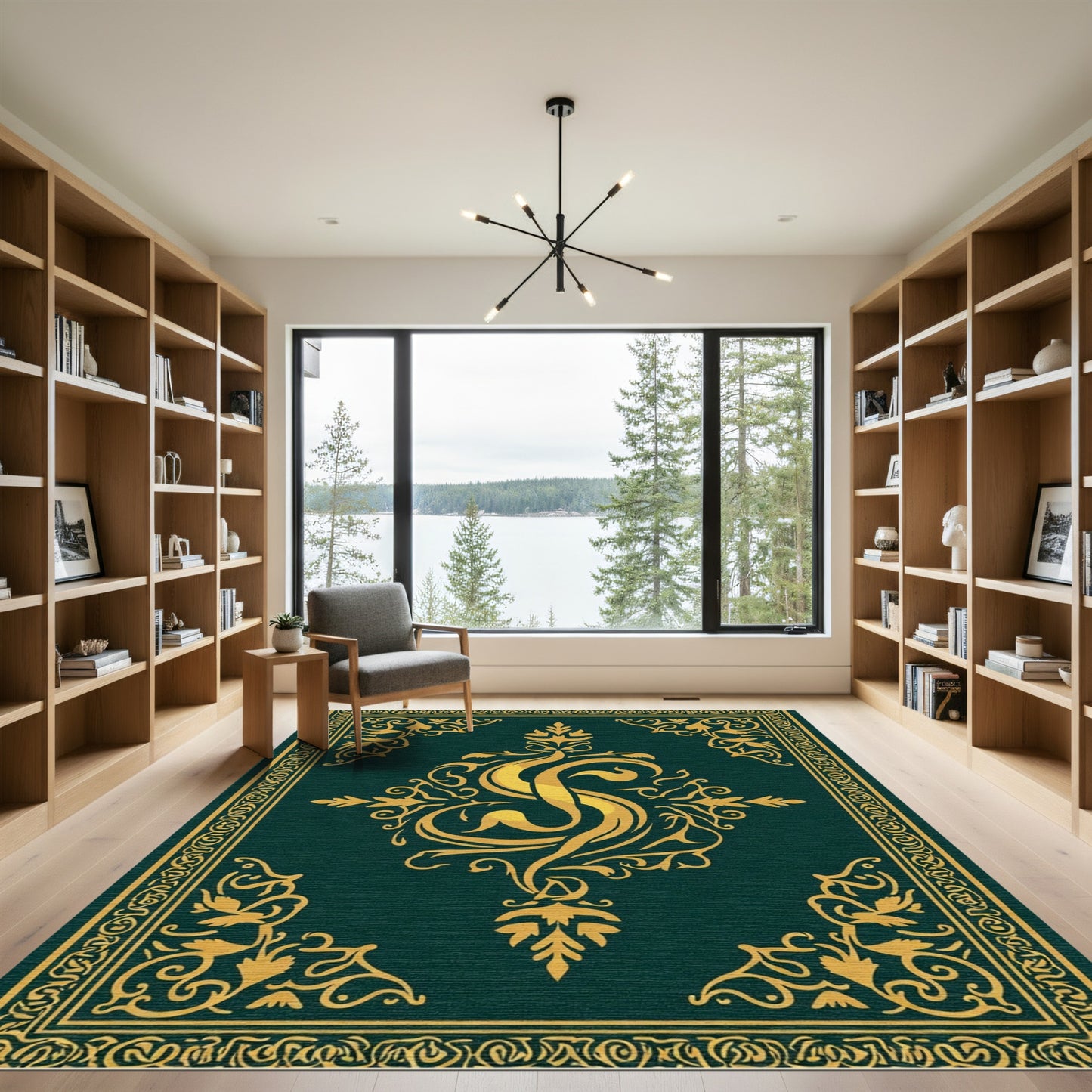 Deep Emerald Gold Flourish Emblem Rug