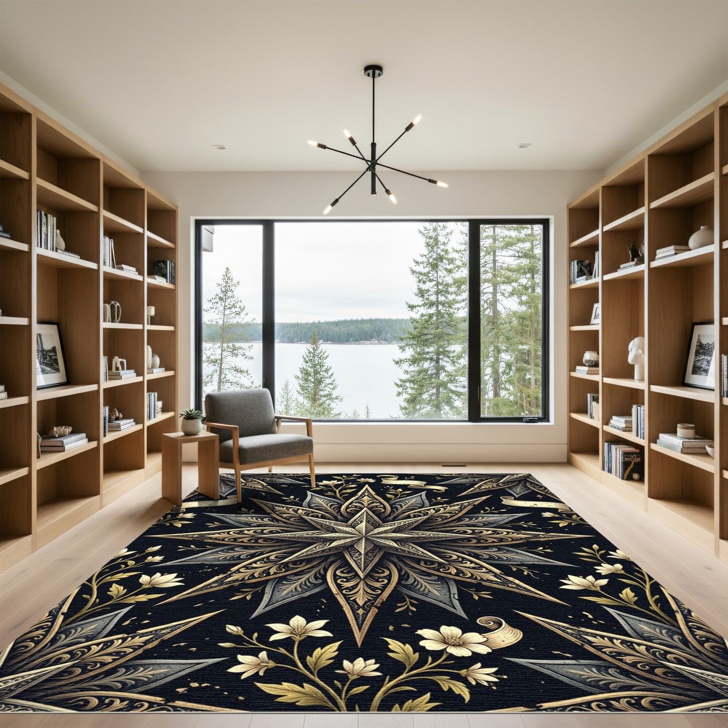 Ornate Gold and Black Floral Starburst Rug