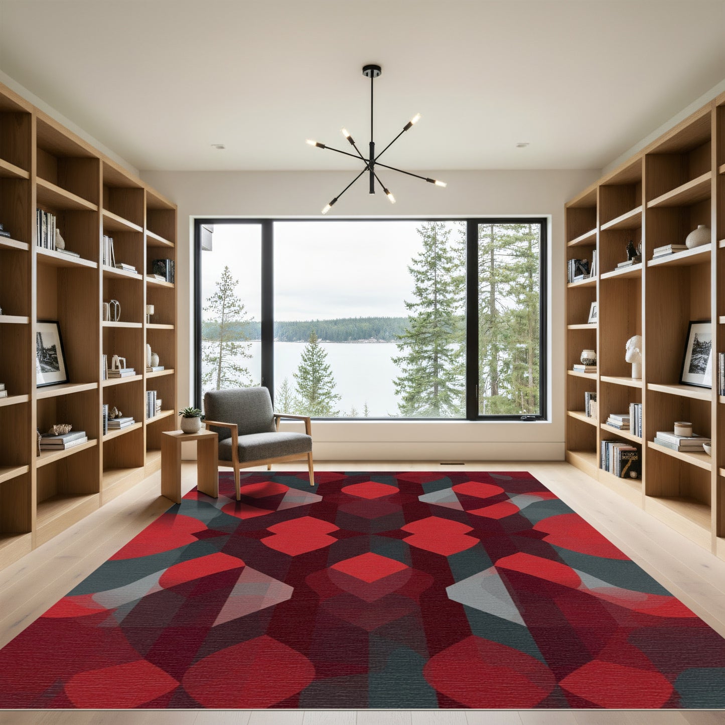 Red Crimson Geometric Overlay Rug