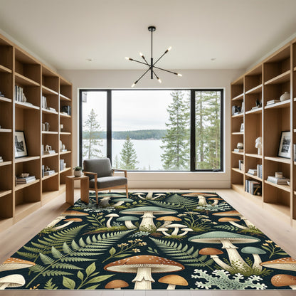 Earthy Forest Mushroom and Fern Botanical Rug