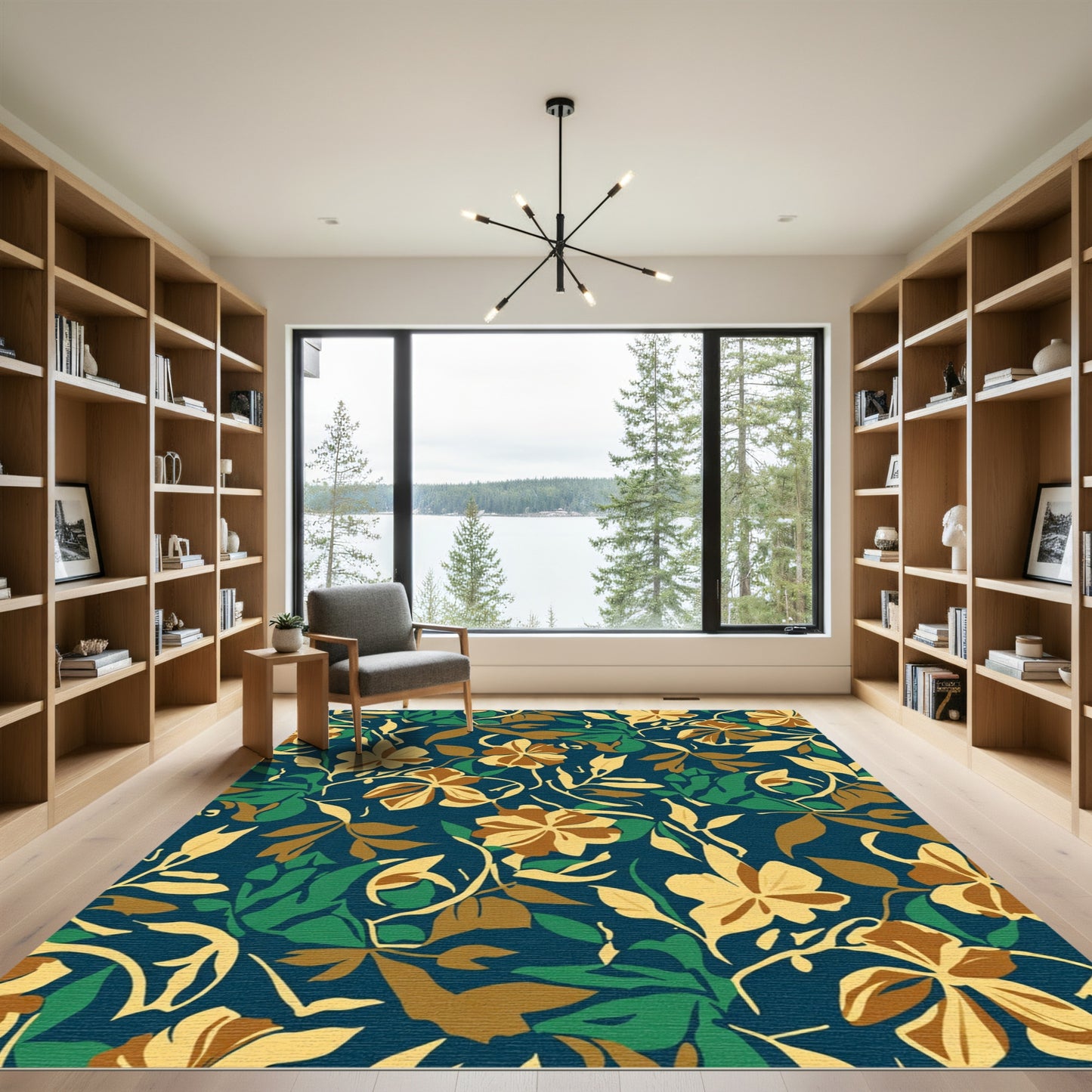 Navy Blue Golden Floral Vine Rug