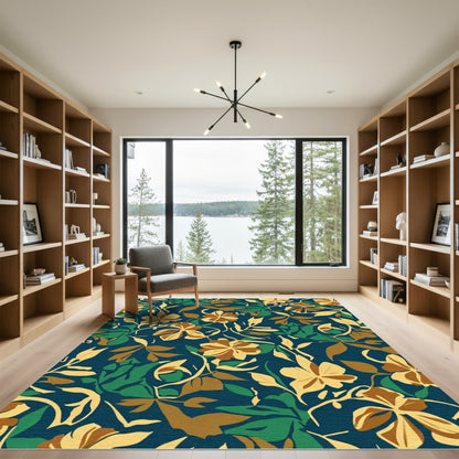 Navy Blue Golden Floral Vine Rug