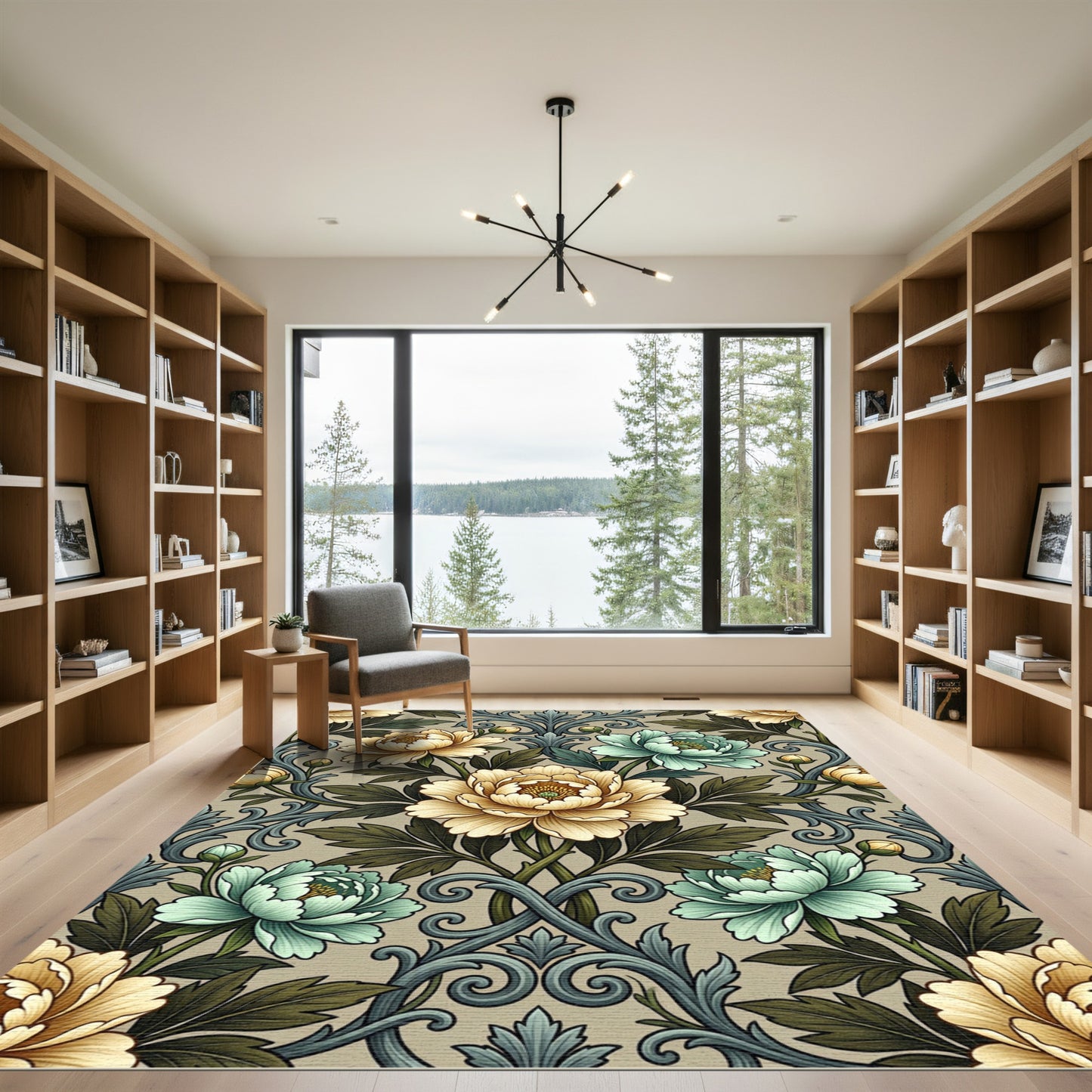 Elegant Beige and Sage Peony Scroll Rug