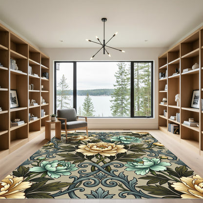 Elegant Beige and Sage Peony Scroll Rug