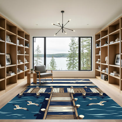 Coastal Navy Striped Pier Seagull Rug