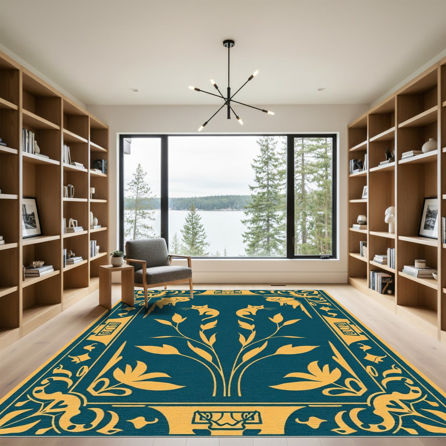 Golden Art Nouveau Cats Floral Border Rug