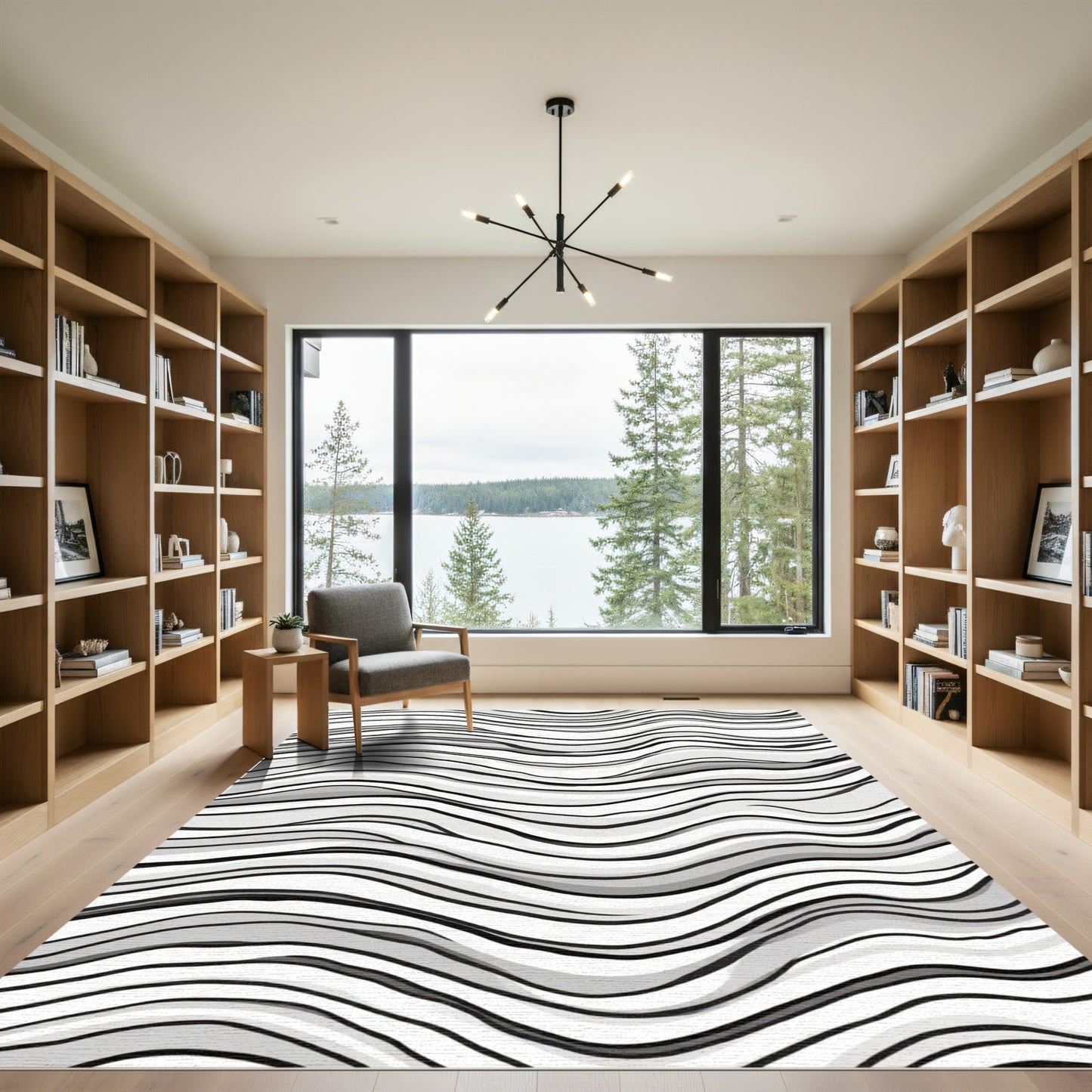 Black White Wavy Stripe Abstract Rug