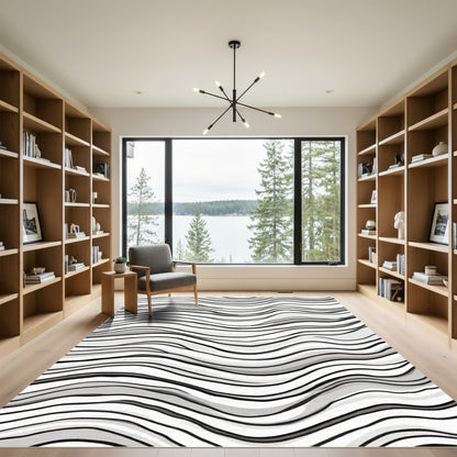 Black White Wavy Stripe Abstract Rug