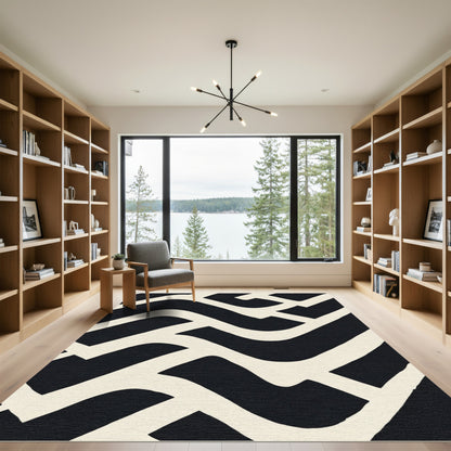 Graphic Black White Interlocking Curves Rug