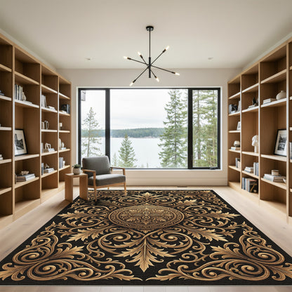 Golden Ornate Floral Swirls Rug