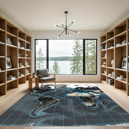 Cartographic Grayscale World Map Coordinates Rug