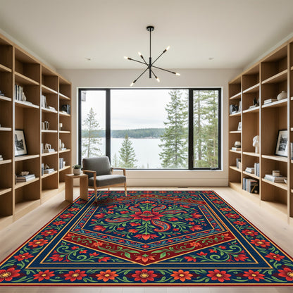 Deep Blue Red Floral Paisley Medallion Rug