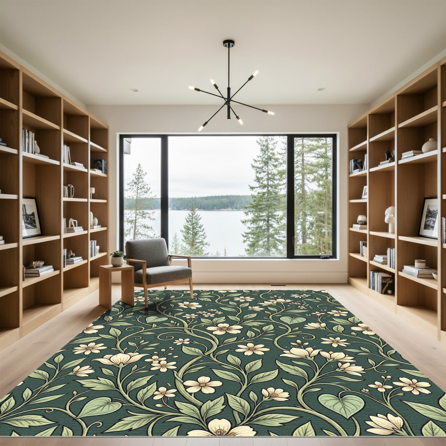 Elegant Deep Green Floral Botanical Scroll Rug