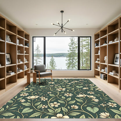 Elegant Deep Green Floral Botanical Scroll Rug