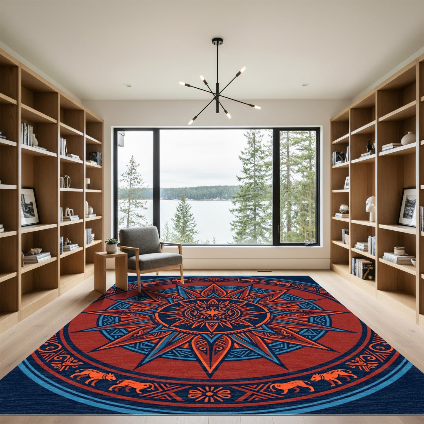 Red Orange Sun Animal Mandala Rug