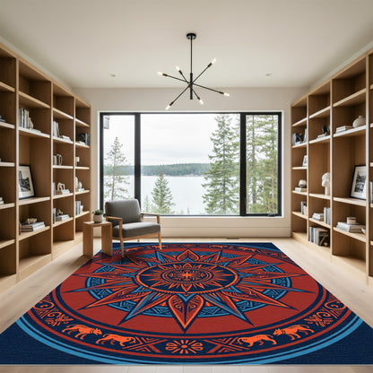 Red Orange Sun Animal Mandala Rug